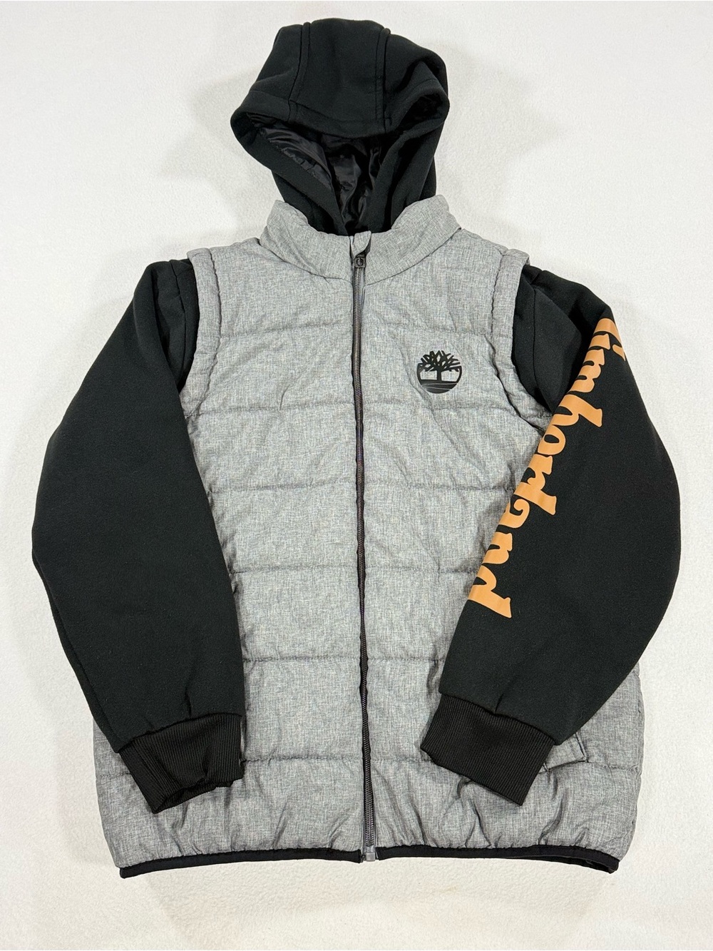 Timberland Boys' Hybrid Puffer Gray And Black Hooded Jacket  Size Large 14/16